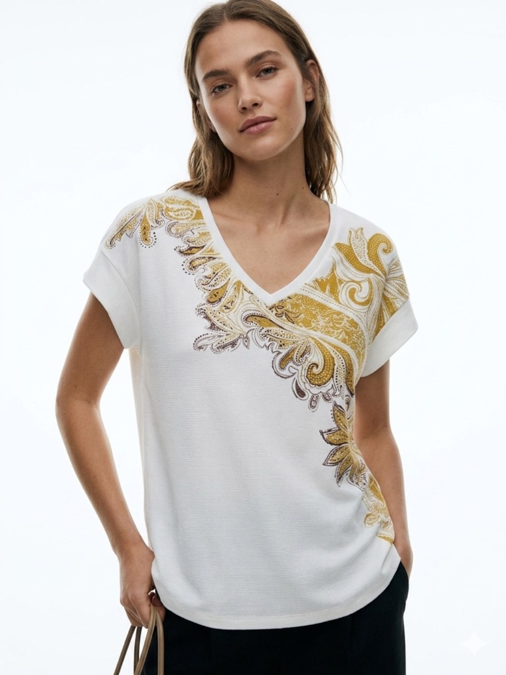 Zara White V-Neck Short Sleeve Top with Gold Paisley Print